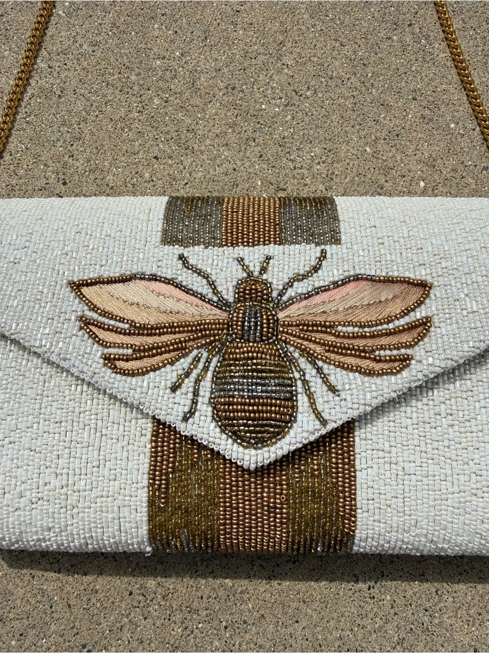 Beaded White Envelope Crossbody Bag with Gold Bee Motif
